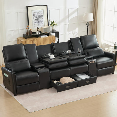 DRMBOOK 118'' RV 4 Seater Recliner Sofa, Faux Leather Three Camper Couch 4 Seater Recliner, Home Movie Theater Seating Chair, 4 Person Push Back Recliners for Living Room, Black DRMBOOK
