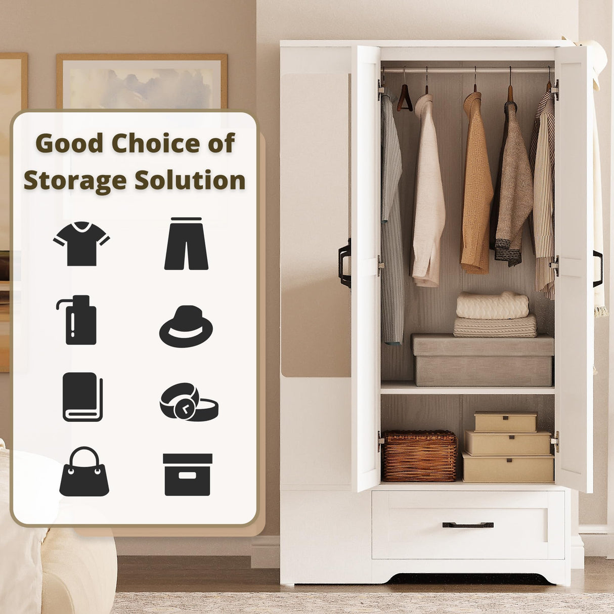 LIKIMIO Armoire Wardrobe Closet with Barn Doors and Drawers and Full Mirror and 5 Storage Shelves 70" Wooden Bedroom Wardrobe Combination for Hanging Clothes, White LIKIMIO