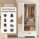 LIKIMIO Armoire Wardrobe Closet with Barn Doors and Drawers and Full Mirror and 5 Storage Shelves 70" Wooden Bedroom Wardrobe Combination for Hanging Clothes, White LIKIMIO