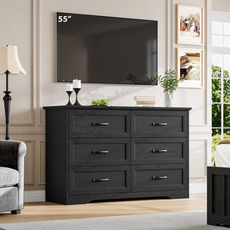 GarveeHome 6 Drawers Dresser for Bedroom, Chest of Drawers with Wide Metal Handle, Farmhouse Modern Wooden Dresser, Natural Texture, Storage Organizer for Bedroom, Living Room, Kids Room(Black) GarveeHome