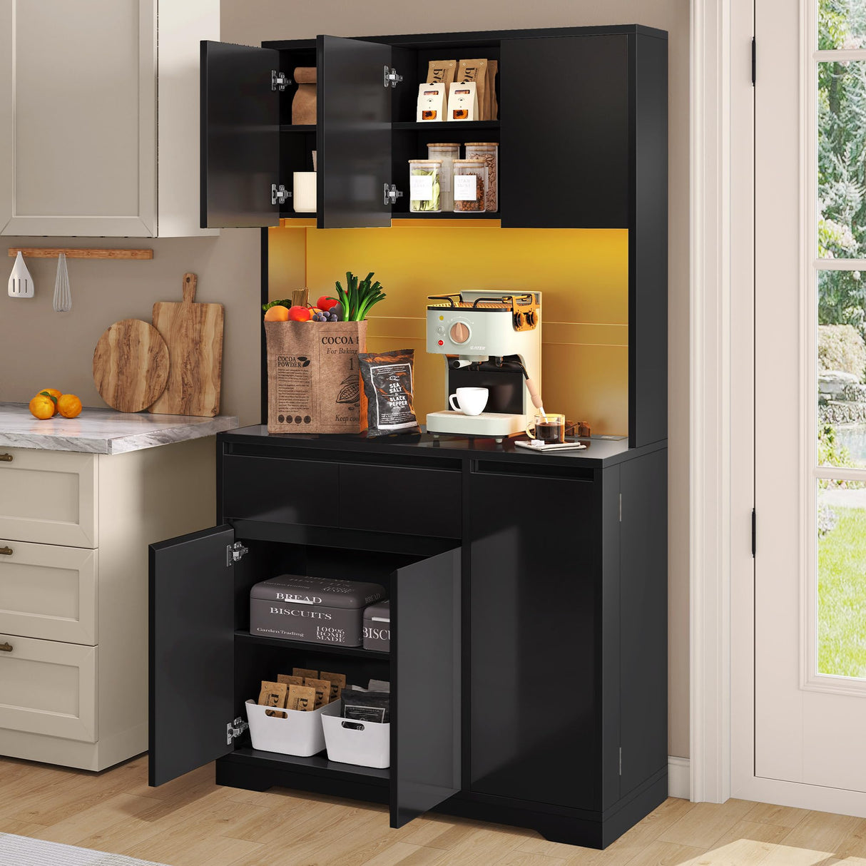 DWVO 71''Tall Kitchen Pantry Storage Cabinet, Modern Buffet Cabinet with Hutch, Kitchen Hutch Cabinet with Outlet, Large Food Pantry Cabinet with Doors and Shelves, Wine Rack for Dining Room, Black DWVO