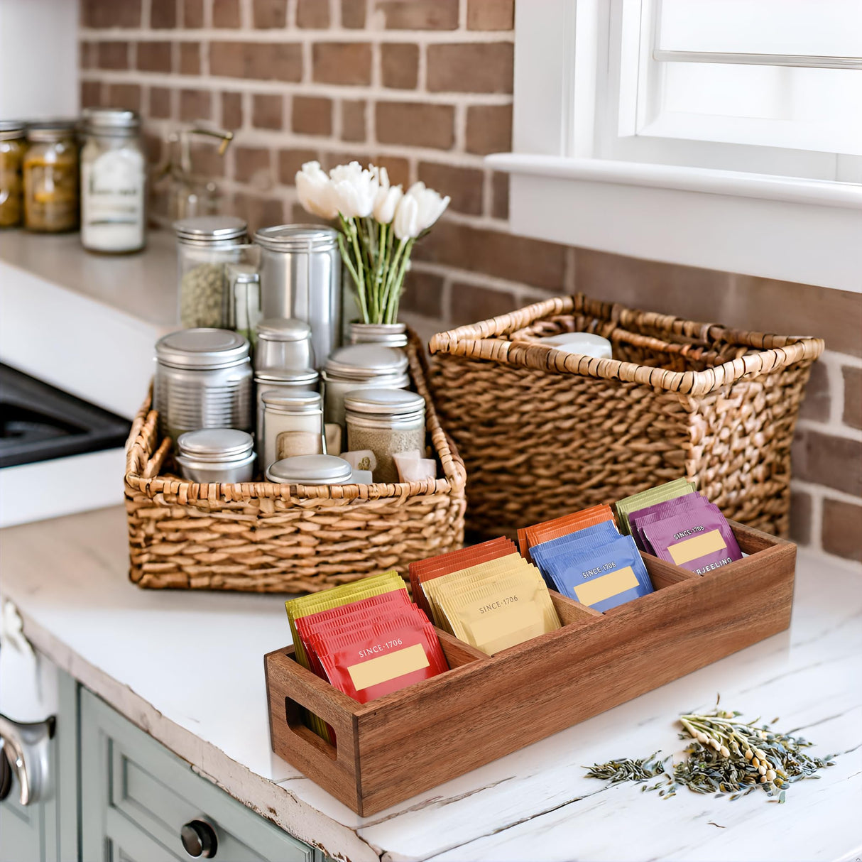Chicvilla Acacia Wood Tea Bag Organizer with 4 Slots – Tea Bag Holder and Tea Organizer, Sugar Packet Storage for Countertops Chicvilla