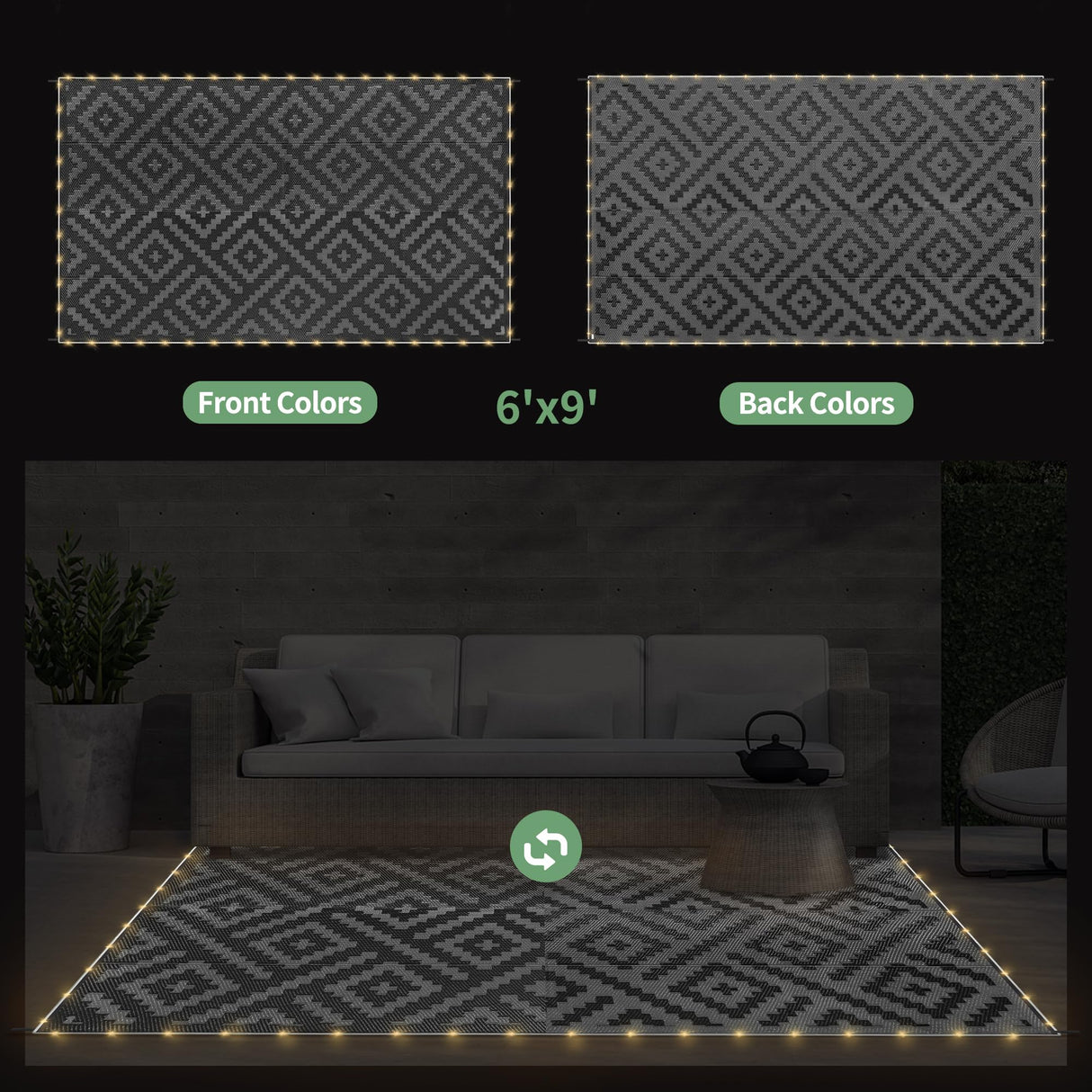 GENIMO Outdoor Rug with LED Strip Lights, 6'x9' Waterproof Camping Mat, Reversible Plastic Straw Rugs for Patio, RV, Camper, Balcony, Backyard, Picnic, Deck, Black & Gray GENIMO