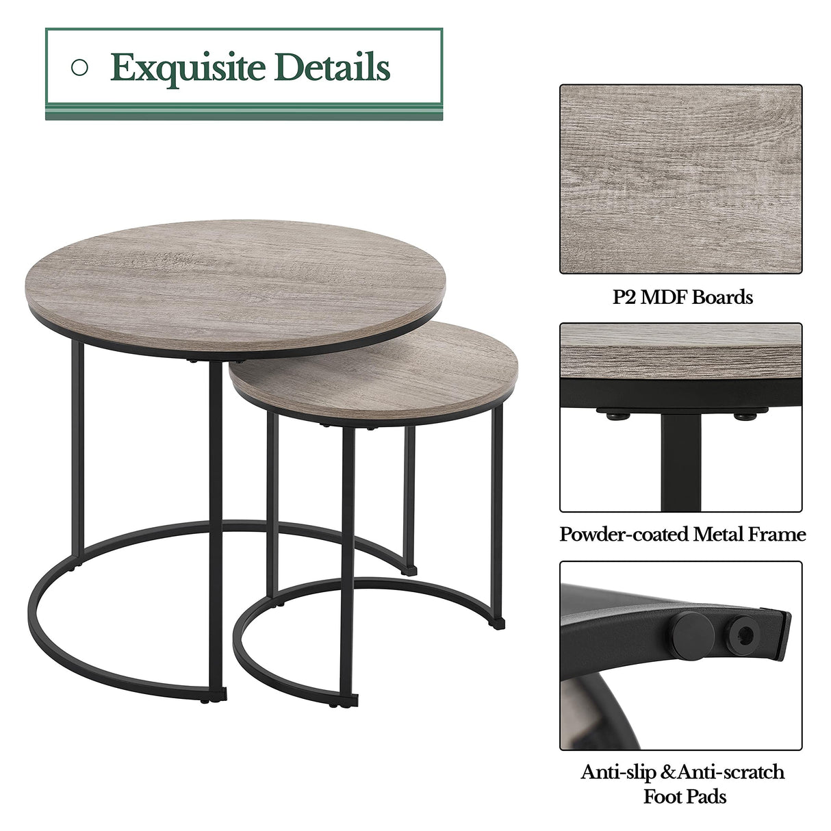 Yaheetech Nesting Coffee Table Set of 2, Nesting Table, Rustic Stacking Side Tables, Nesting End Table Set w/Round Wooden Tabletop and Sturdy Metal Base for Living Room,Small Space, Gray Yaheetech