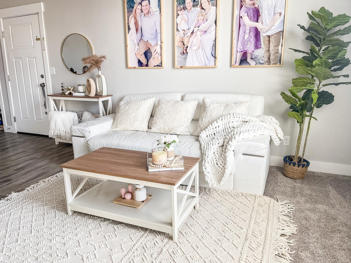 PHI VILLA Farmhouse Coffee Table for Living Room, White Coffee Tables with Storage Rustic Style Modern PHI VILLA