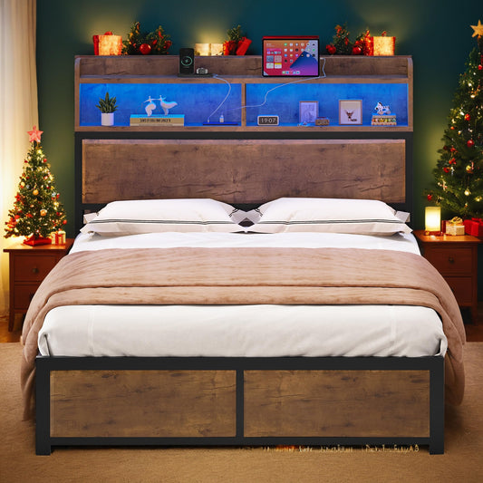 YITAHOME Queen Bed Frame with 2-Tier Storage Headboard, Metal Platform Bed Frame with Charging Station & LED Lights, Noise-Free/Metal Support/No Box Spring Needed, Rustic Brown