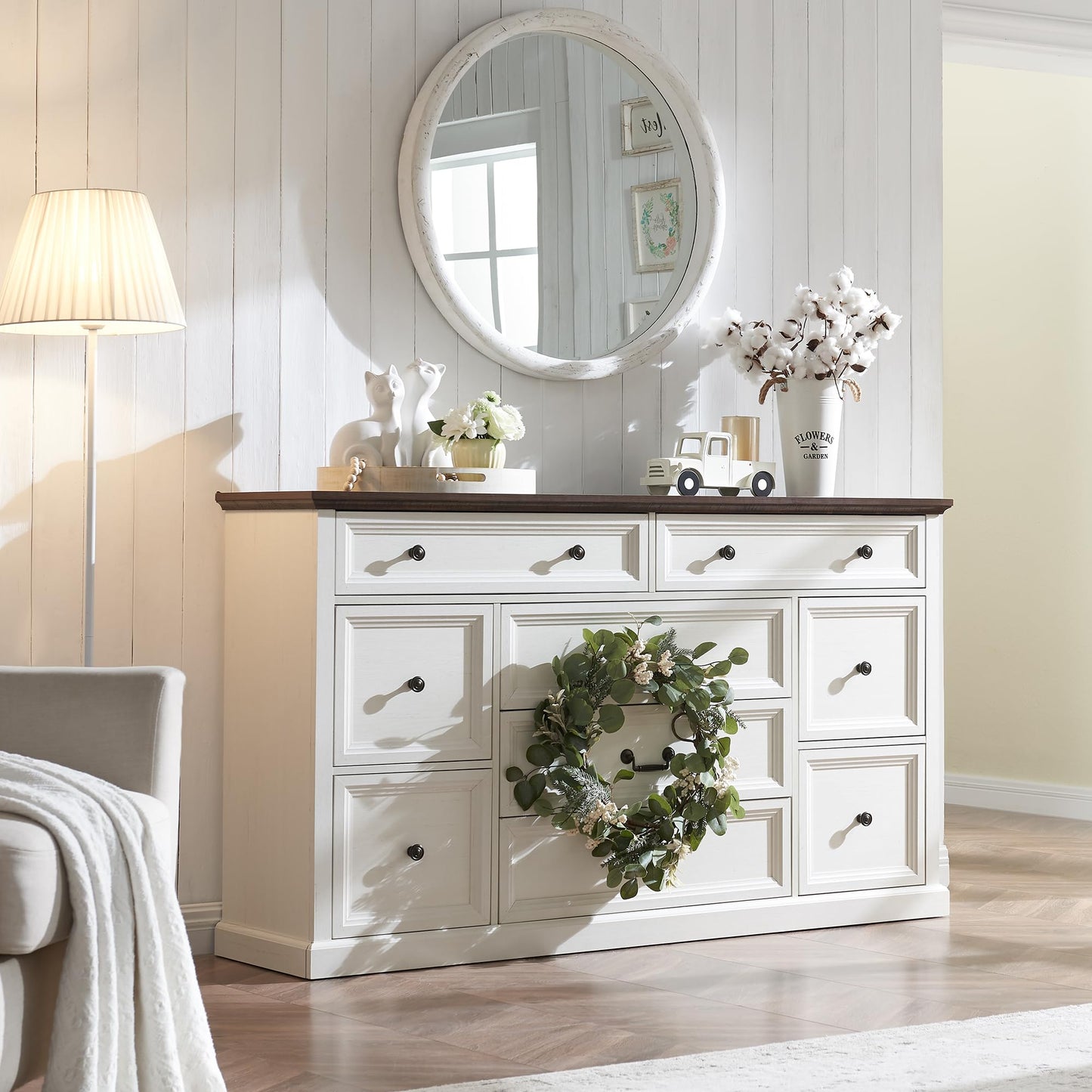 IFGET Farmhouse 9 Drawers Dresser for Bedroom, 60" Wide Wood Rustic Chest of Drawers, Large Storage Dressers Organizer for Bedroom, Living Room, Hallway, Dining Room, White - WoodArtSupply