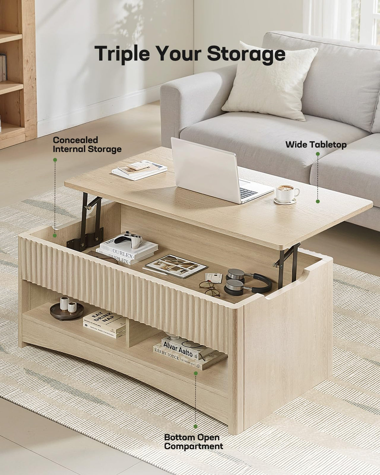 Marsail Lift Top Coffee Table with Open & Hidden Storage, Modern Fluted Coffee Table with Smooth Lift Mechanism, Sturdy Space-Saving Center Table for Home Living Room, Office, Natural Oak Marsail