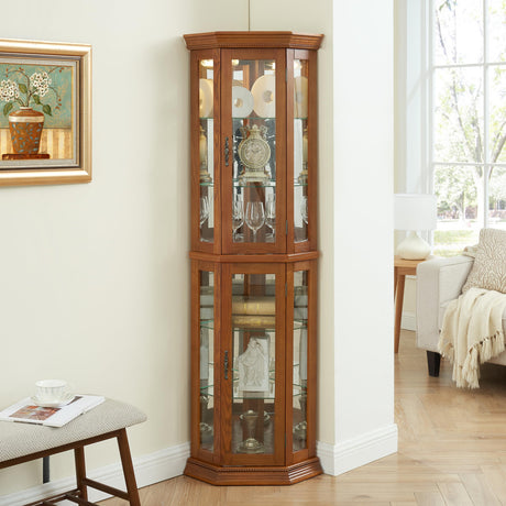 nifoti 69" H Lighted Curio Cabinet Corner Display Case, Corner Glass Cabinets with Tempered Glass Door & Adjustable Shelves, Wooden Curio Cabinet w/Mirrored Back Pane for Living Room (Oak) nifoti
