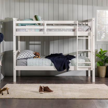 Walker Edison White Solid Wood Twin Over Twin Bunk Bed with Guardrails and Ladder - WoodArtSupply