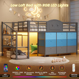VIAGDO Low Loft Bed Twin Size with 9 Storage Drawers and LED Lights, Metal Twin Loft Bed with Stairway Shelf Storage, Low Loft Bed with Safety Guardrail and Under-Bed Hideaway for Kids, Grey VIAGDO