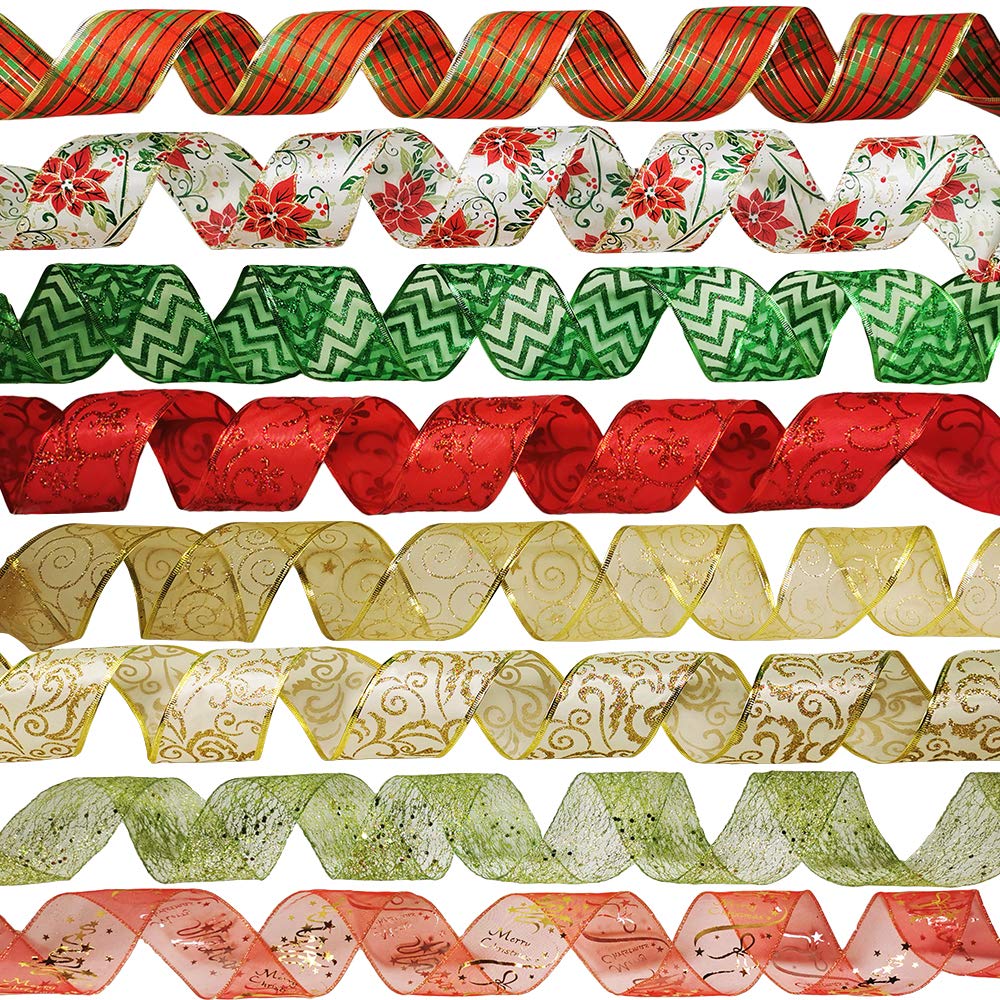 48 Yards Assorted Christmas Ribbons - Plaid, Bow, Wired, Mesh, Glitter, Tulle, Organza - 2.5" Wide For Wreaths, Garlands