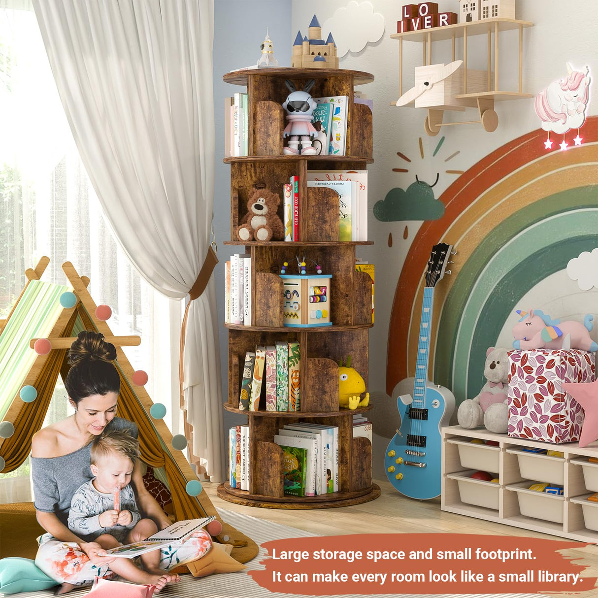 Besiost Rotating Bookshelf Tower, 5 Tier Spinning Bookcase, Revolving 360 Book Shelf Narrow Tall Bookcase, Vertical Turning Round Bookshelf Organizer, Corner Book Shelf for Small Space, Rustic Brown Besiost