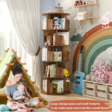 Besiost Rotating Bookshelf Tower, 5 Tier Spinning Bookcase, Revolving 360 Book Shelf Narrow Tall Bookcase, Vertical Turning Round Bookshelf Organizer, Corner Book Shelf for Small Space, Rustic Brown Besiost