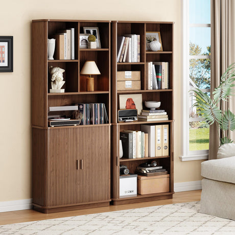 ONBRILL 71" Tall Cube Bookcase, Curved Bookshelf with Storage Cabinet & Adjustable Storage Shelf, Freestanding Wood Bookcase with Sliding Door & Sturdy Pedestal, for Home Office, Living Room, Walnut ONBRILL