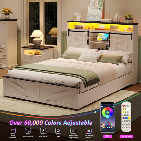 Maupvit Farmhouse Queen Size Bed Frame with 4 Drawers and Bookcase Headboard, Sliding Barn Door Storage Shelves, Charging Station，LED Light Metal Platform Bed Frame No Box Spring Needed, White Door K Maupvit