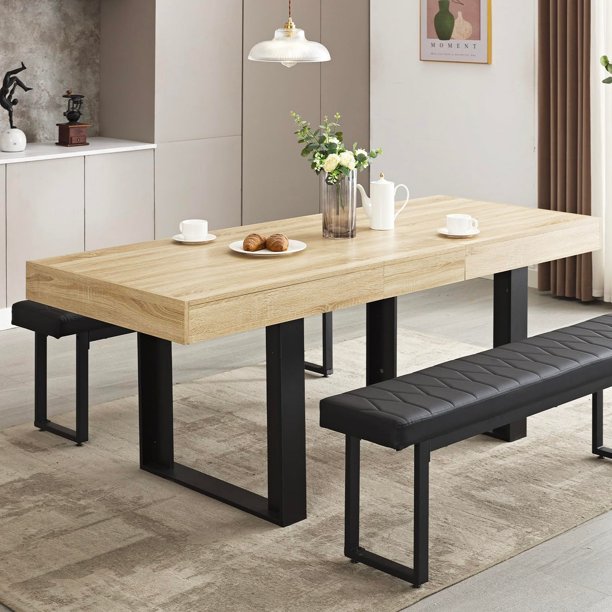 STHOUYN 63”-79” Extendable Dining Room Table for 6 8 10, Modern Farmhouse Wooden Kitchen Expanding Table, Long Large Expandable Dining Room Conference Table (Rustic Oak) STHOUYN