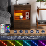 HOMMPA Set of 2 Open Shelf LED Nightstands with Charging Station Dark Walnut 2 Drawers Bedside Table with Led Light Smart Night Stand with Storage Wood Night Table Mid Century for Bedroom Furniture HOMMPA