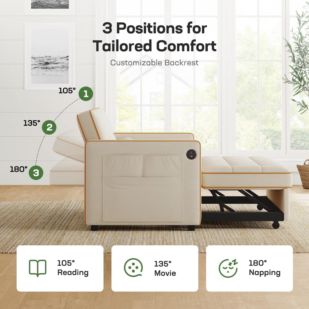 Marsail Sofa Bed, 3-in-1 Convertible Sleeper Sofa, Futon Couch with USB Charging, Side Pockets & Adjustable Backrest, Pull Out Couch for Living Room, Apartment, Loveseat, Velvet Fabric, Beige Marsail