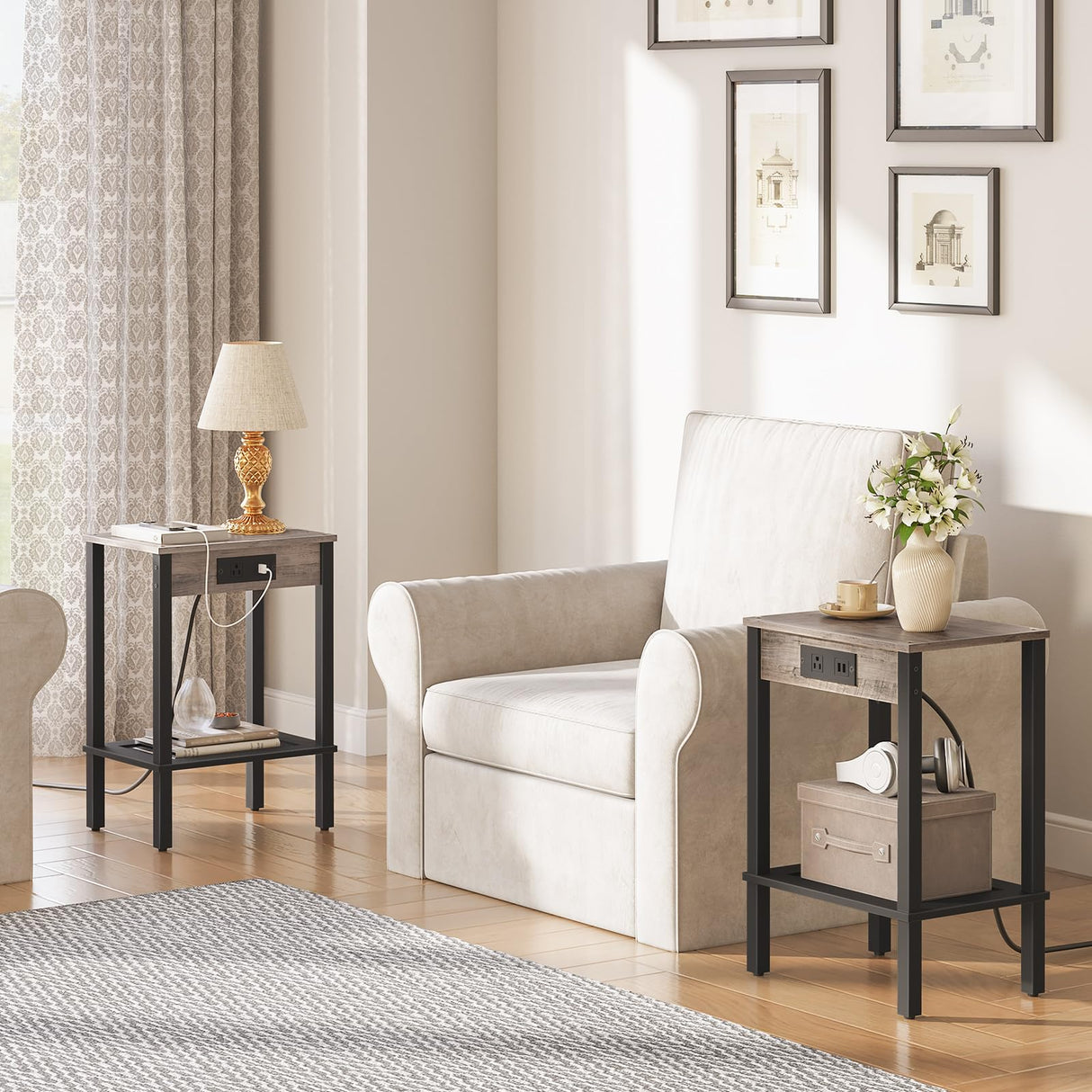 HOOBRO Side Table with Charging Station, Set of 2 End Tables with USB Ports and Outlet, Nightstand with 2-Tier Storage Shelf, for Living Room, Bedroom, Small Space, Greige and Black BG91UBZP201 HOOBRO