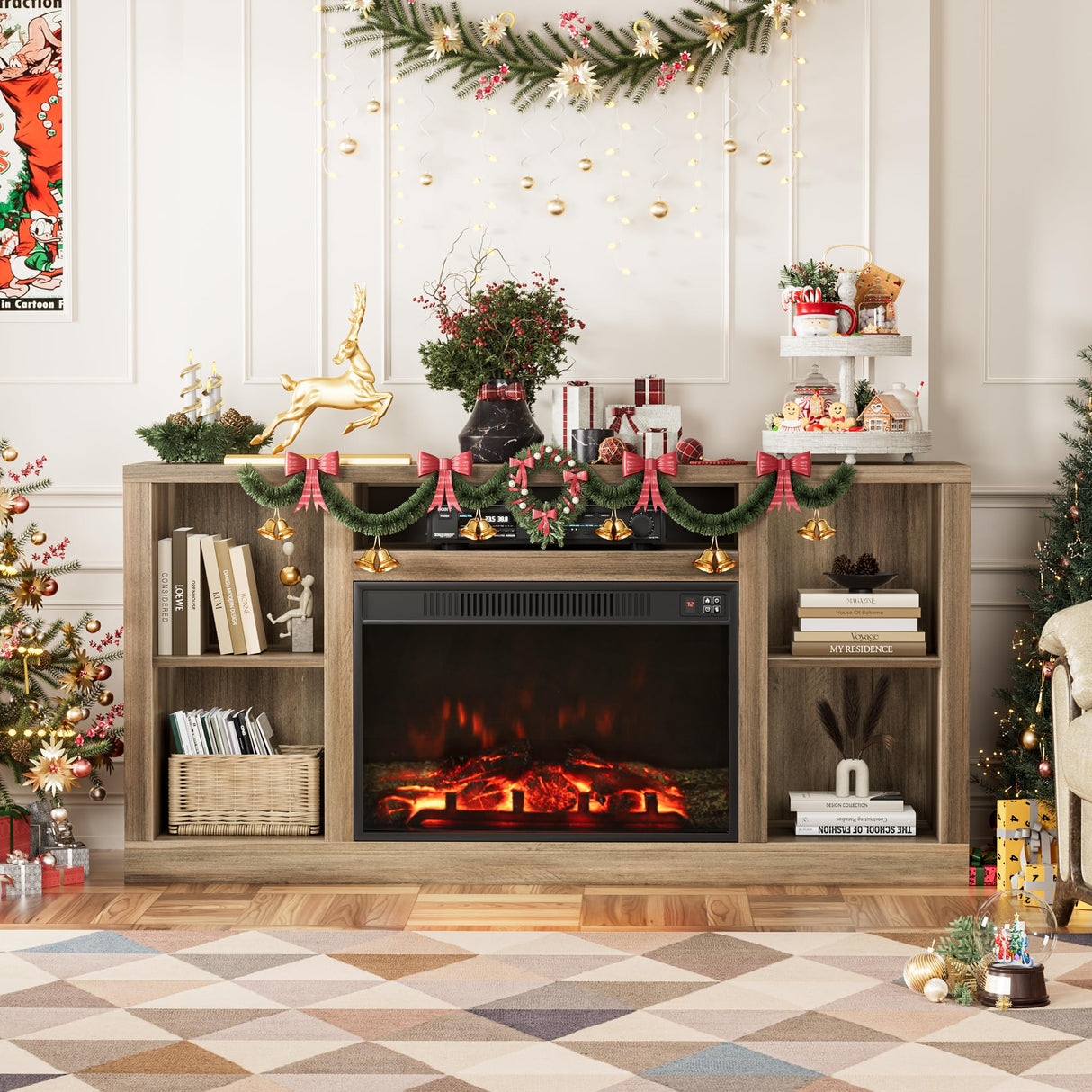 Furniwell Fireplace TV Stand for 65 Inch TV, Media Entertainment Center Console Table with 26" Electric Fireplace, Farmhouse TV Stand with Storage Cabinet for Living Room (Natural) Furniwell