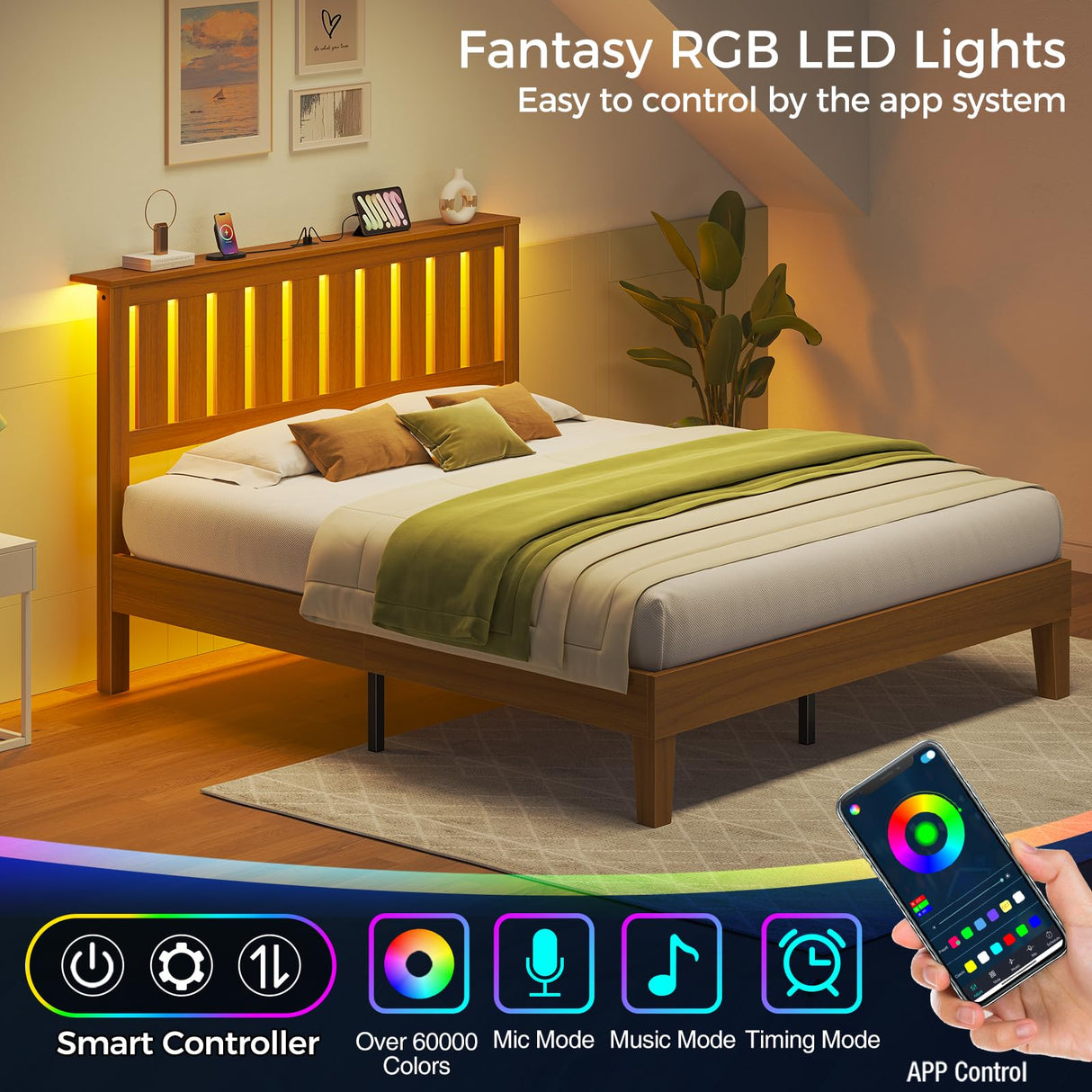 Rolanstar Queen Bed Frame with Headboard, Charging Station and LED Lights, Wooden Bed Frame Foundation with Wood Slat Support, No Box Spring Needed, Pine Rolanstar