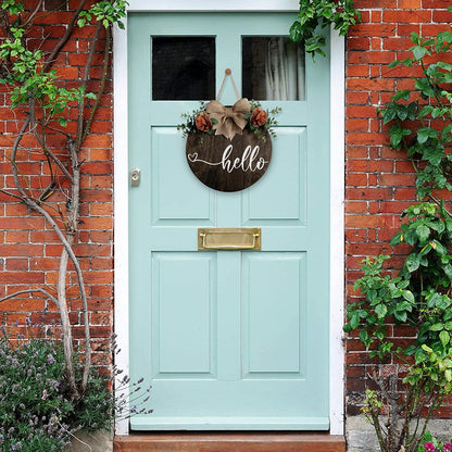 Wood Round Hello Welcome Wreath Sign Hanging Decoration Front Door, Farmhouse Porch Sign and Artificial Green Plant, Rural Outdoor Decor New House Relocation Gift - WoodArtSupply