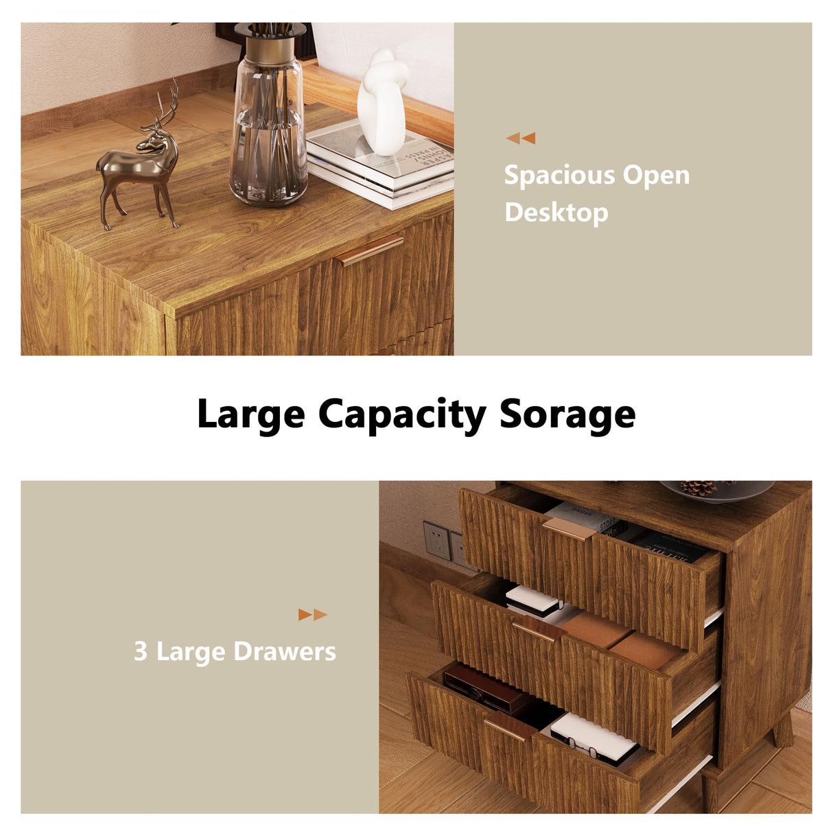 Mid-Century 3 Drawers Bedside Table Cabinet, Modern Nightstand with 3 Drawer and Solid Wood Legs, Contemporary 3-Drawer Nightstand, Mid Century Nightstand with 3 Storage Drawer for Bedroom (Walnut) affeivul