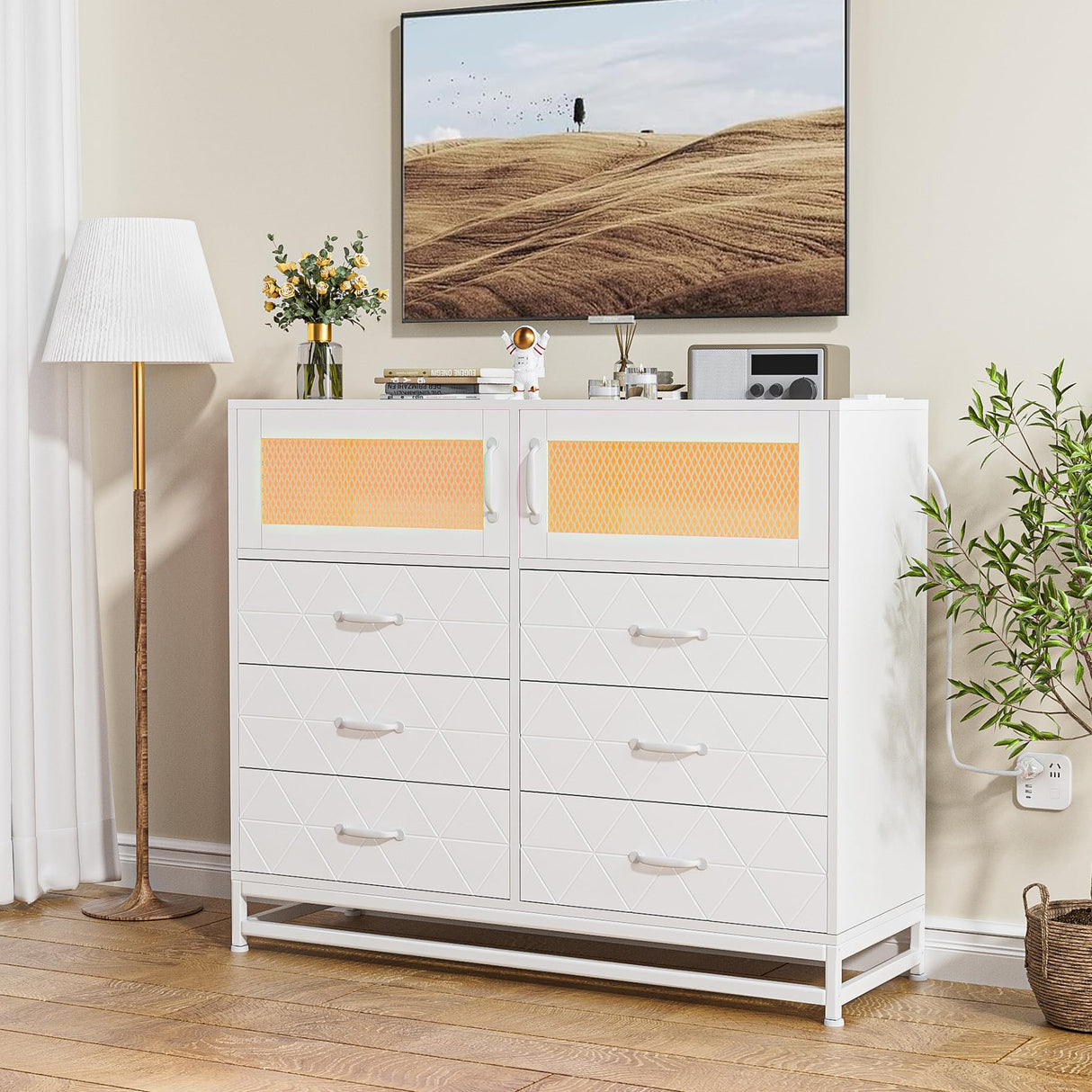 White Dresser for Bedroom with 6 Drawers 2-Door Storage Cabinet Dressers & Chest of Drawers with Charging Station and LED Lights, 8 Drawers Tall Dressers for Bedroom,Living Room,Hallway,Closet Takywep
