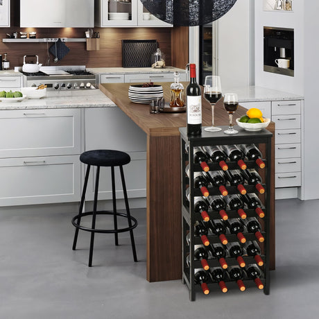 VASMIA Wine Rack Freestanding Floor, 6-Tier Display Wine Storage Shelves with Table Top, 24-Botttle Bamboo Wine Rack Shelf for Kitchen Bar Dining Room Living Room, Black VASMIA