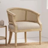 NoeBanJe Mid Century Accent Chair, Armchair with Curved Backrest and Upholstered, Reading Chair with Vintage Rattan Hollow Out, for Living Rooms, Bedrooms, Farmhouses, Balconies (Beige) NoeBanJe