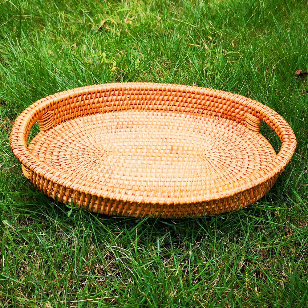 Small Handmade Rattan Basket, Oval Wicker Bowl, Rustic Serving Tray with Handles, Fruit Bowls, Table Organizers Storage Dish for Food, Catering, Catchall, Brown, S, 12.6 Inch amololo