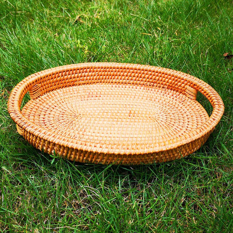 Small Handmade Rattan Basket, Oval Wicker Bowl, Rustic Serving Tray with Handles, Fruit Bowls, Table Organizers Storage Dish for Food, Catering, Catchall, Brown, S, 12.6 Inch amololo