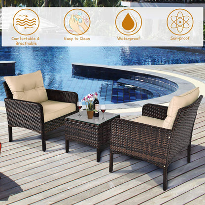 Tangkula 3 Piece Outdoor Patio Furniture Set for 2, Wicker Chairs with Glass Top Coffee Table, Thick Cushions, All Weather Garden Lawn Poolside Backyard Porch (Brown) - WoodArtSupply