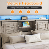 Fameill Farmhouse King Size Bed Frame with 4 Drawers and Bookcase Headboard, Sliding Barn Door Storage Shelves, LED Lights and Charging Station, No Box Spring Needed, Grey Fameill