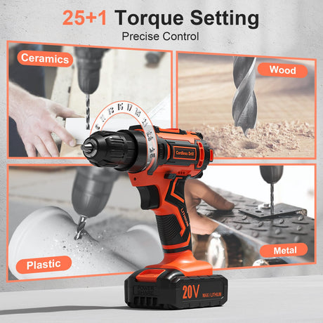 Cordless Drill Set, 20V Power Drill with Power Pack 2.0Ah and Charger, 3/8-Inch Keyless Chuck Electric drill, 25+1 Position, 42pcs Drilldriver Bits/Screws for DIY Projects (Orange) VIWKO