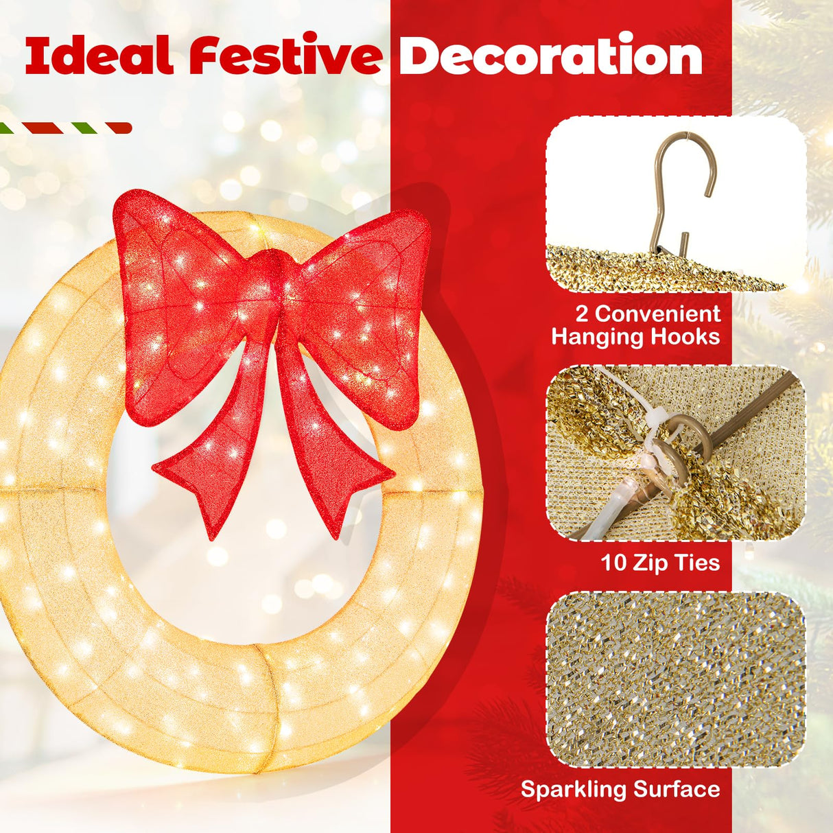Tangkula 48 Inch Lighted Christmas Mesh Wreath, Pre-Lit Festive Wreath w/Large Bow & 200 LED Bulbs, Hooks & Zip Ties Included, Weatherproof Festive Decoration for Indoor Outdoor Tangkula