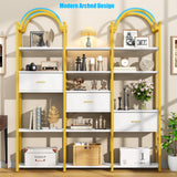 Nosepen 83.5" Tall Arched Bookshelf with 3 Drawers and 13 Storage Shelves, Industrial Open Book Shelf with Display Shelves, Large Etagere Bookshelf, Triple Wide Book Case for Home & Office, Gold Nosepen