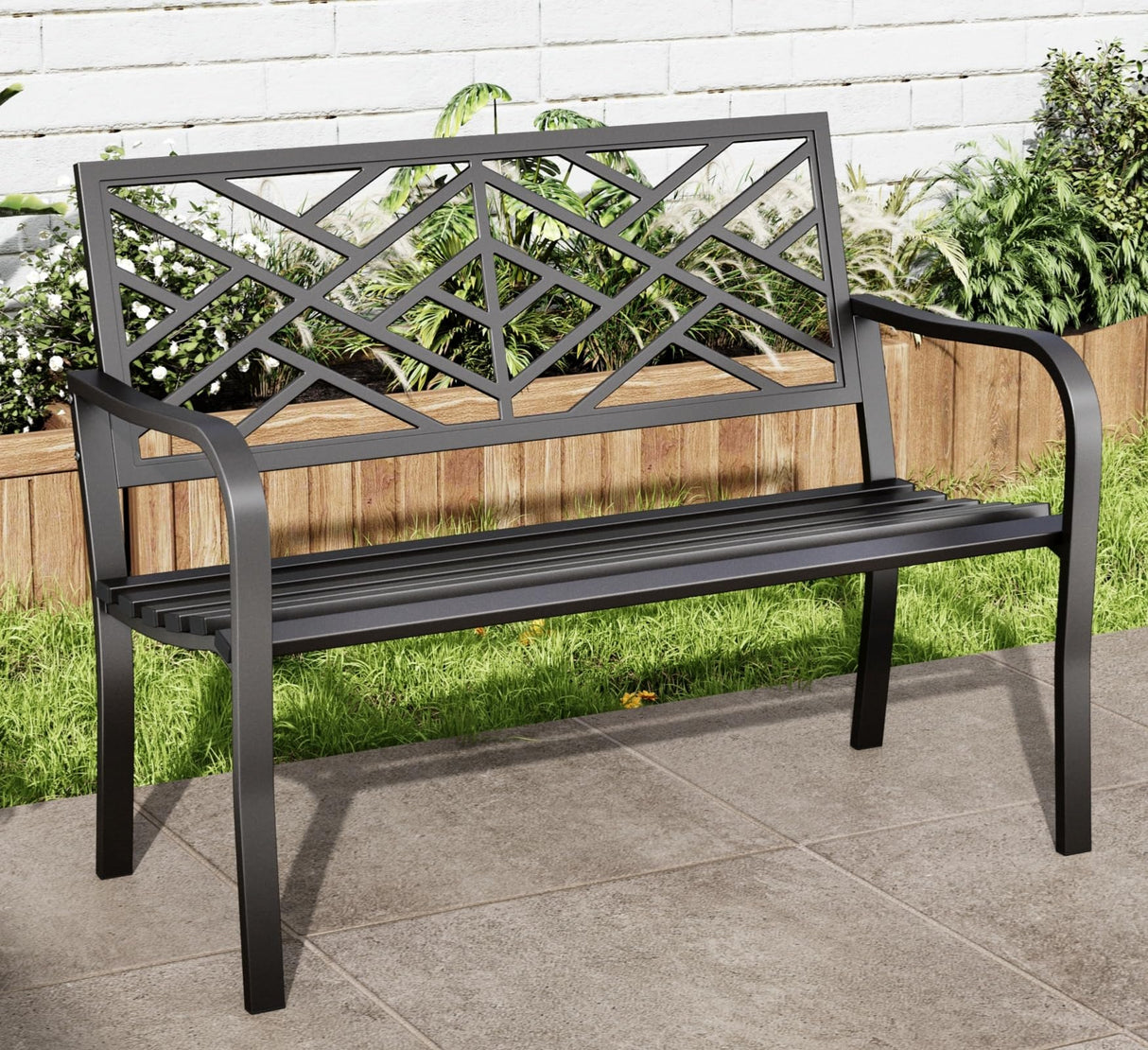 MFSTUDIO 43.7 Inches Outdoor Garden Bench, Cast Iron Metal Frame Patio Park Outside Benches with Geometric Pattern Backrest for Front Porch, Black MFSTUDIO