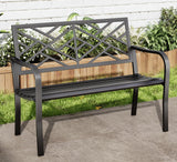 MFSTUDIO 43.7 Inches Outdoor Garden Bench, Cast Iron Metal Frame Patio Park Outside Benches with Geometric Pattern Backrest for Front Porch, Black MFSTUDIO