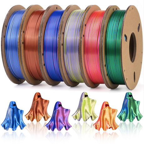 Dynta 3D Printer Filament Silk PLA 1.75mm Dual Color - 6 x 250g Spools Shiny Filament for Most FDM 3D Printer, Easy Printing, Art & Models - Gold/Copper, Blue/Green, Gold/Rose + More！ Dynta
