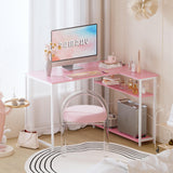 Pamray 43 Inch L Shaped Computer Desk with Reversible Side Storage Shelves, Small Corner Desk for Small Space Home Office,Writing Study Table PC Desk for Bedroom,Pink with White Leg Pamray