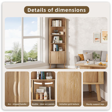 Limaoaio 5-Tier Corner Shelf, 66.73''Tall Modern Corner Bookshelf, 5 Shelf Bookcase with 2 Fluted Doors, Freestanding Wood Corner Display Storage Shelf Organizer for Living Room, Office (Wood Color) Limaoaio