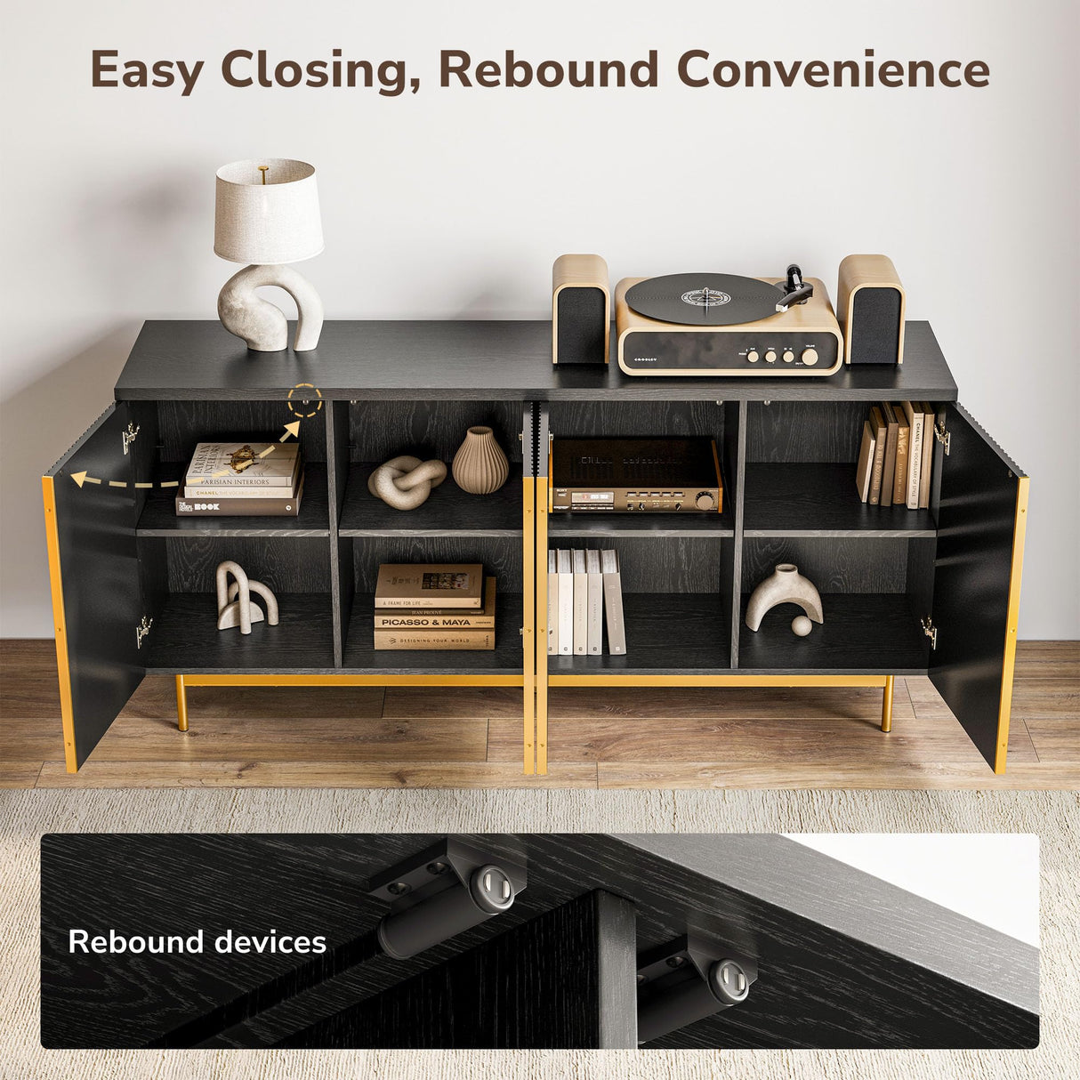 BELLEZE Sideboard Buffet Cabinet, 63" Storage Cabinet with Fluted Decorative Doors, Modern Console Table for Dinning Room, Kitchen & Living Room - Colemen (Ebony) BELLEZE