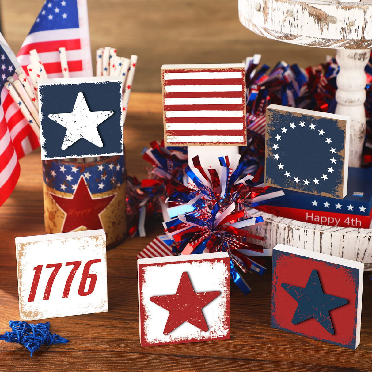 6 Pcs Independence Day Wood Signs Rustic Patriotic Standing Blocks Decor for Home 4th of July Table Centerpiece Labor Day Tiered Tray Decorations for Shelf Party Decor Panelee