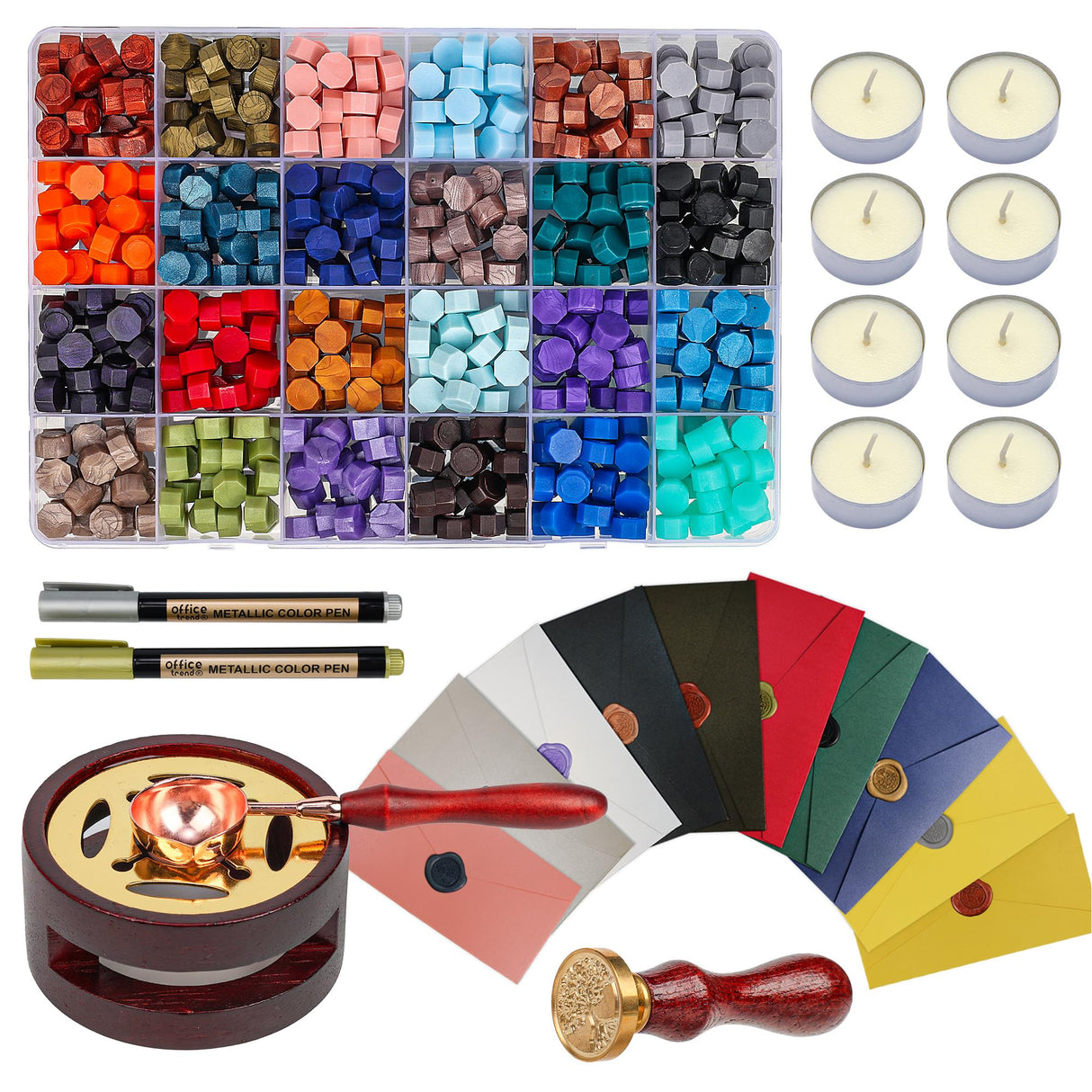 TRINIDa Wax Seal Kit, Premium Wax Seal Stamp Kit with 24 Colors 624 Pcs Beads, Metallic Pens, Warmer, Spoon and Tea Candles for Wedding Invitation, Letter Envelope, Gift Cards & DIY Crafts TRINIDa