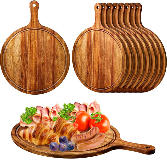 Nuenen 10 Pcs Round Wood Cutting Board with Handle Wooden Serving Board Kitchen Chopping Boards for Pizza, Bread, Cheese, Charcuterie, Fruit, Vegetables (Acacia)