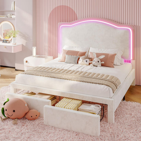 Jocisland LED Queen Bed Frame with 2 Storage Drawers, Upholstered Platform Bed with Adjustable Headboard, No Box Spring Needed, Easy Assembly, Pink Jocisland