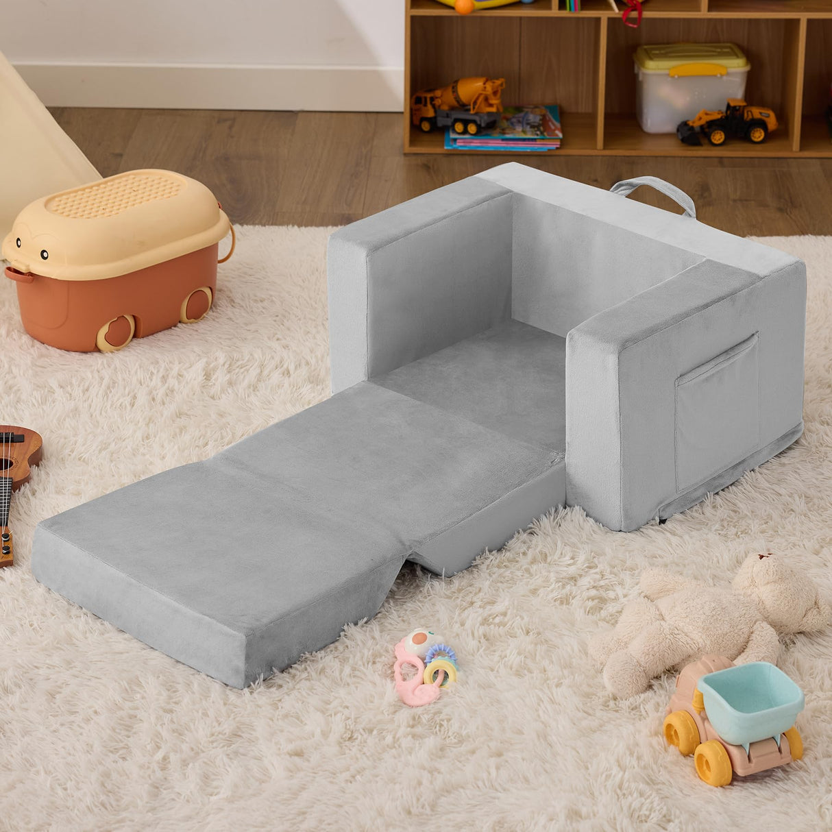 Kids Couch, 2-in-1 Toddler Chair Comfy 1-3 Years Old, Convertible Kids Chair, Toddler Couch That Fold Out, Kid Lounge Chairs for Boys and Girls, Soft Coral Fleece, Grey Zorvoxz