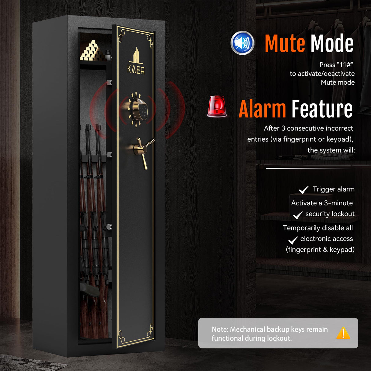 KAER 20 Biometric Gun Safe for Rifles and Pistols, Large Gun Cabinet for Home Rifle, Quick Access Gun Safe with Fingerprint, Rifle Safe with Removable Shelf and Pistol Pocket [No Assembly Required] KAER